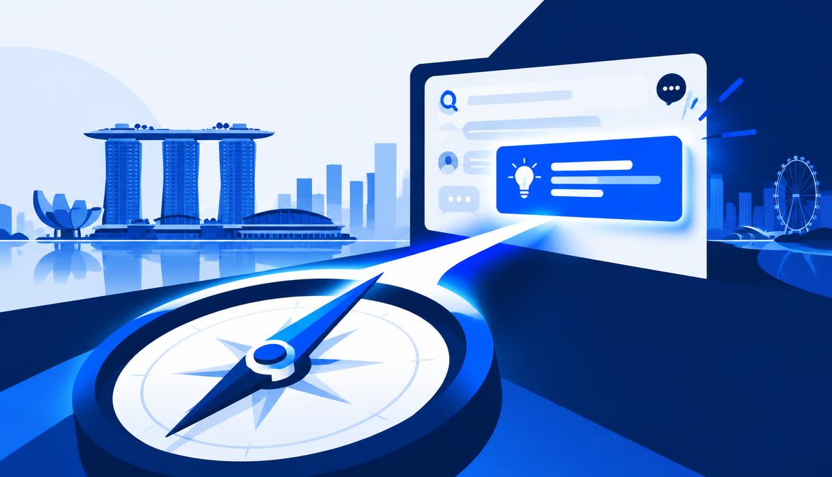 Illustration of a compass pointing toward a glowing answer card above the Singapore skyline