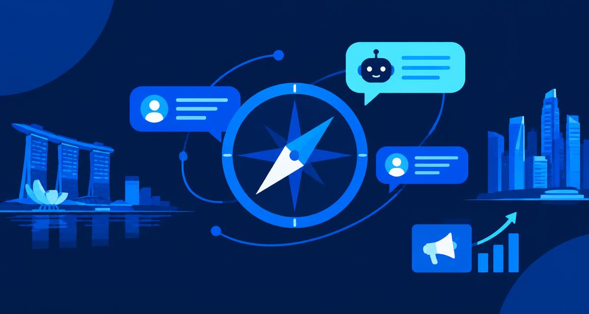Illustration of a compass surrounded by chat bubbles and the Singapore skyline
