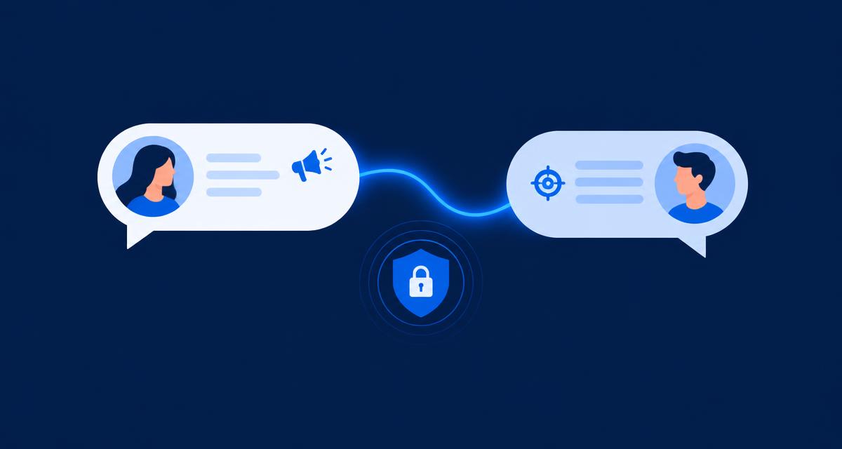 Illustration of two speech bubbles connected by a glowing line with a privacy shield